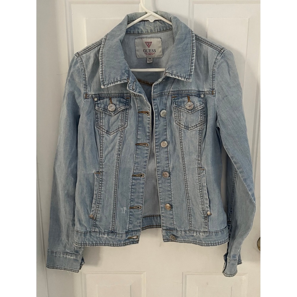 Guess Los Angeles 1981 Light Wash Distressed Denim Trucker Jacket Women Medium